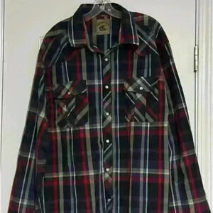 Coevals Club Men's Long Sleeve Red Blue Plaid Western Two Pockets Pearl Snap 3XL